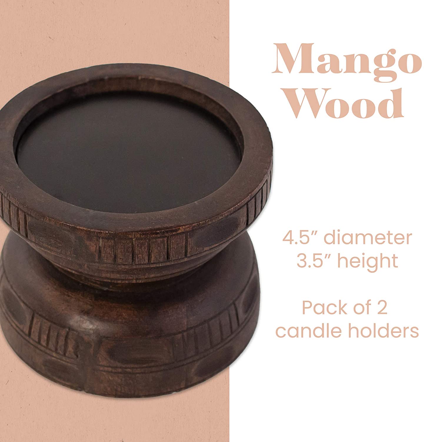 Mango Wood Pillar Candle Holder 4.5" x 3.5" Set of 2